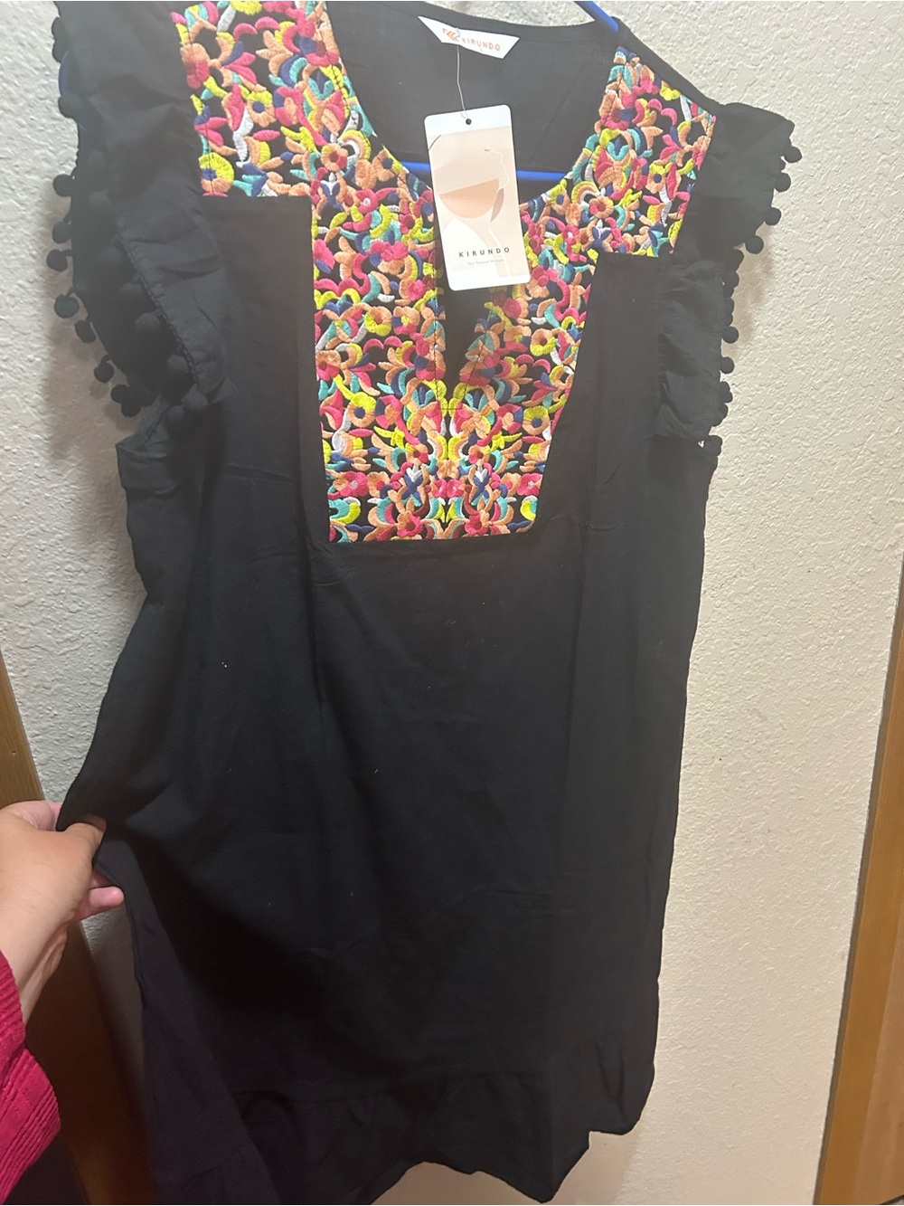 Kirkwood Black Midi Dress with Multicolor Embroidered Yoke